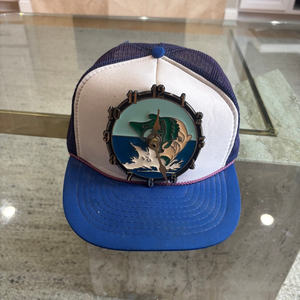 Nissin Cap Trucker Hat Mens OSFA Blue White Vintage Novelty Bass Fish Clock Hat